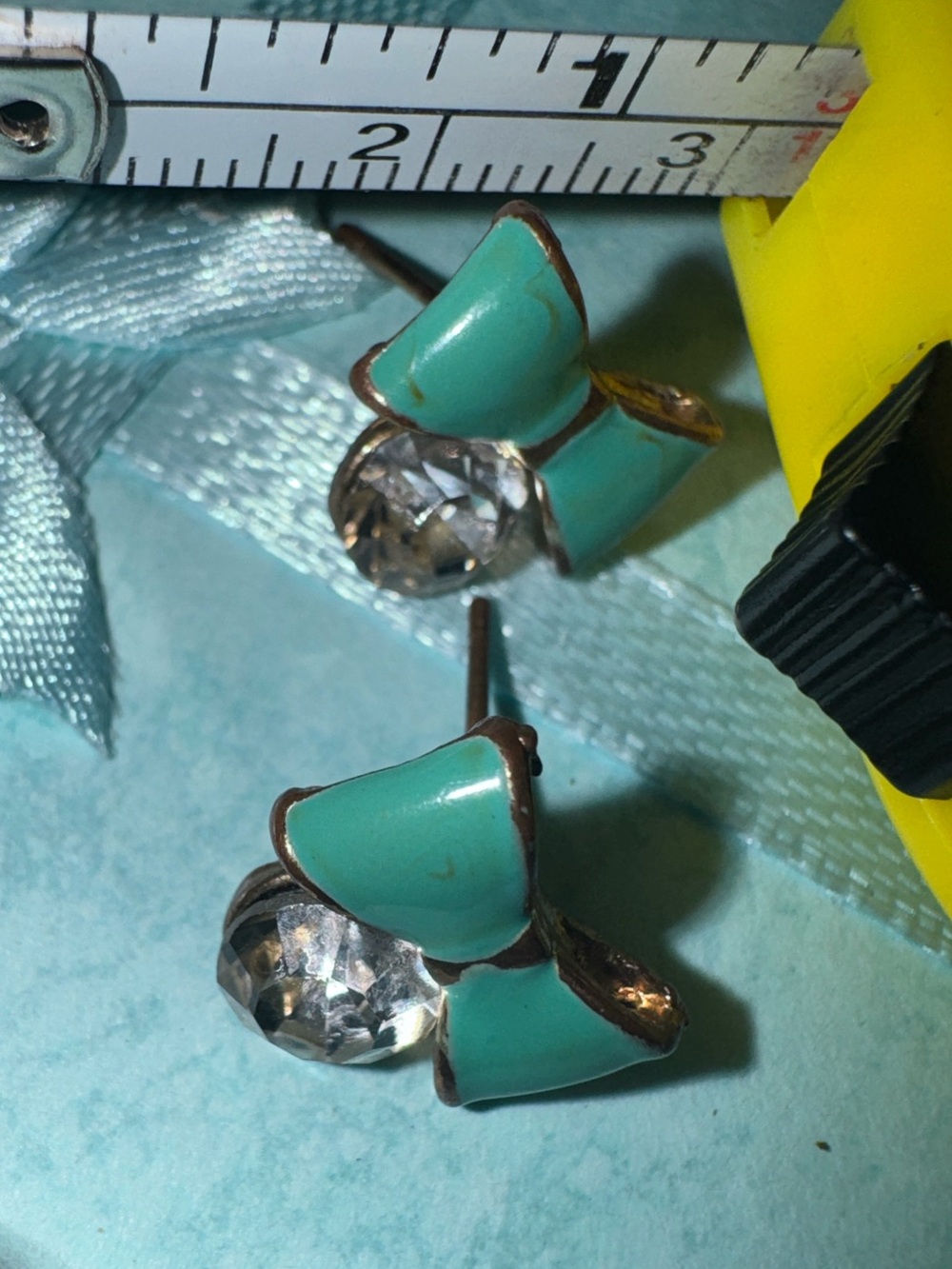 Vintage Source Unknown Turquoise Enamel Bow Stud Earrings with Clear Crystal